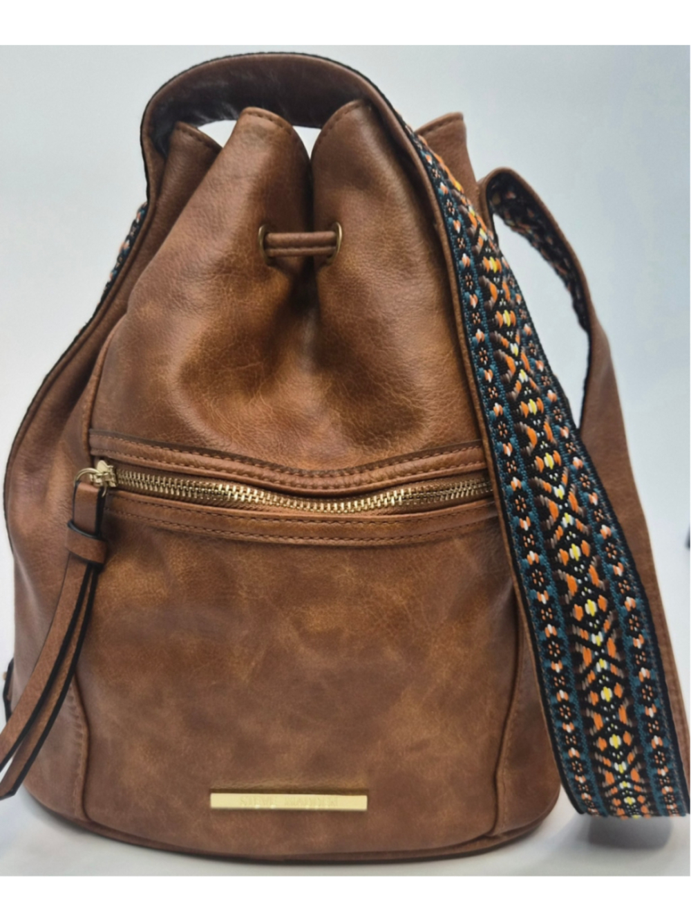 Steve Madden Cognac Faux Leather Drawstring Backpack Boho Woven Strap Tassel Bag